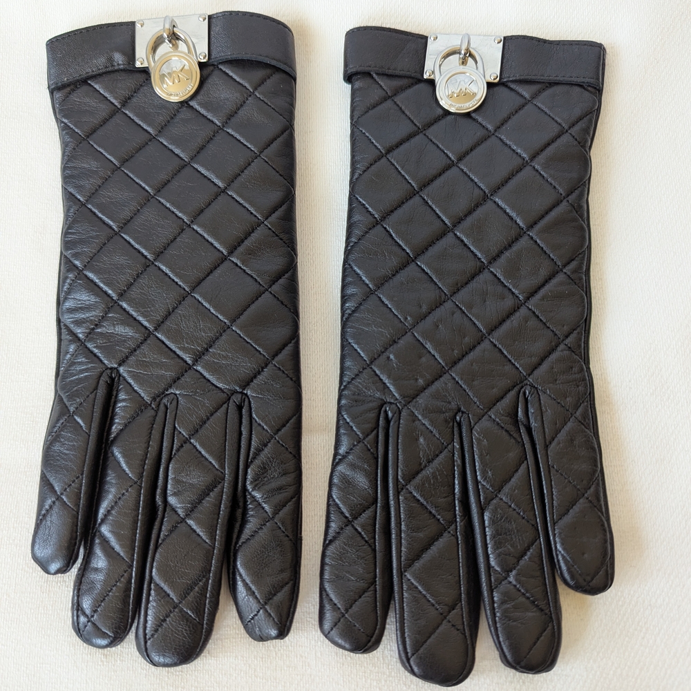 Michael Kors Black Quilted Leather Gloves with Silver Accents